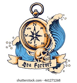 vector vintage tattoo design of dead skull pirate with ocean wave and traditional compass on background and scroll banner