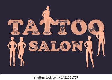 Vector vintage tattoo studio logo template on black background. Cool retro styled vector emblem. Tattoo studio sign with man and woman body manikins.