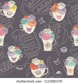 Vector vintage teacups and teapots seamless pattern dark background with butterflies, cakes and flowers. Perfect for fabric, gift wrap, scrap booking, wallpaper