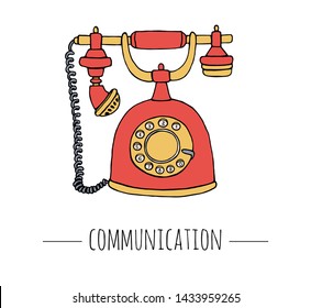 Vector vintage telephone. Retro illustration of wired rotary dial telephone. Old means of communication