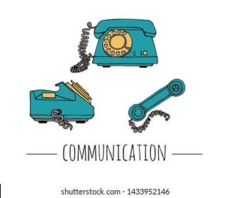Vector vintage telephone set. Retro illustration of wired rotary dial telephone. Old means of communication
