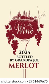 Vector vintage template of a custom label for red and white wine for a birthday or anniversary with grape branch, rural landscape inside the glass, date and name of the birthday person. No ai