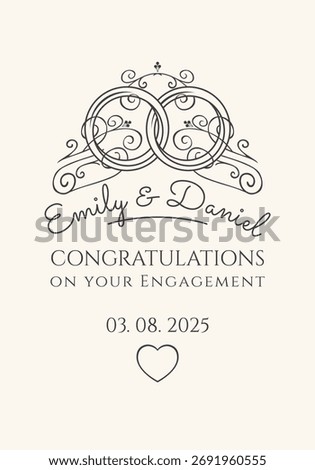 Vector vintage template of a custom label for wine, champagne for a wedding or engagement with wedding rings  the date, and the name of the persons, newlyweds. Certificate, diploma. No ai 
