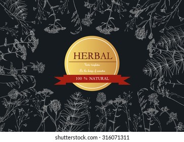 Vector vintage  template with hand-draw wild flowers and herbs. Layout, mockup design for cosmetics, store, label, beauty salon, natural and organic products. With place for text
