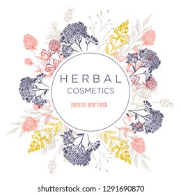 Vector vintage template label with hand draw flowers and herbs. Layout, mockup design for honey, cosmetics shop, beauty salon, natural and organic products. Organic plants sketch background.