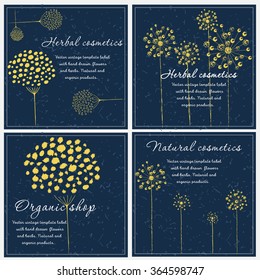 Vector vintage template label with hand drawn  flowers and herbs. Layout, mockup design for cosmetics shop,  beauty salon, natural and organic products. Organic plants sketch background. 