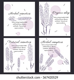 Vector vintage template label with hand drawn  flowers and herbs. Layout, mockup design for cosmetics shop,  beauty salon, natural and organic products. Organic plants sketch background. 