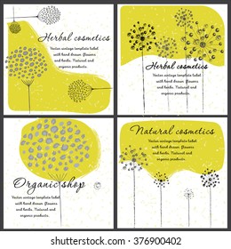 Vector vintage template label with hand drawn  flowers and herbs. Layout, mockup design for cosmetics shop,  beauty salon, natural and organic products. Organic plants sketch background. 