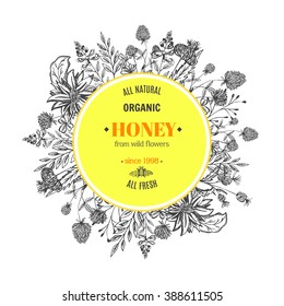 Vector vintage template label with hand draw flowers and herbs. Layout, mockup design for honey, cosmetics shop, beauty salon, natural and organic products. Organic plants sketch background.