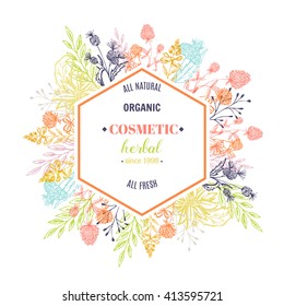 Vector vintage template label with hand draw flowers and herbs. Layout, mockup design for honey, cosmetics shop, beauty salon, natural and organic products. Organic plants sketch background.