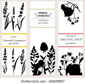 Vector vintage template label with hand draw flowers and herbs. 