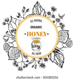 Vector vintage template label with hand draw flowers and herbs. Layout, mockup design for honey, cosmetics shop, beauty salon, natural and organic products. Organic plants sketch background.