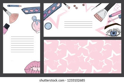 Vector vintage template label with hand-draw cosmetic and makeup product. Layout, mockup design for cosmetics shop, beauty salon. Fashion sketch background.