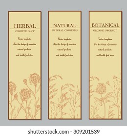 Vector vintage  template label  with hand-draw wild flowers and herbs. Layout, mockup design for cosmetics, store, beauty salon, natural and organic products. With place for text