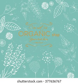 Vector vintage template label with hand-draw  flowers and herbs. Layout, mockup design for cosmetics shop,  beauty salon, natural and organic products. Organic plants sketch background. 