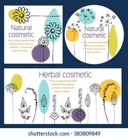 Vector vintage template label with hand-draw  flowers and herbs. Layout, mockup design for cosmetics shop,  beauty salon, natural and organic products. Organic plants sketch background. 