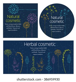 Vector vintage template label with hand-draw  flowers and herbs. Layout, mockup design for cosmetics shop,  beauty salon, natural and organic products. Organic plants sketch background. 