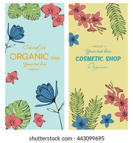 Vector vintage template label with hand-draw  flowers and herbs. Layout, mockup design for cosmetics shop,  beauty salon, natural and organic products. Organic plants sketch background. 