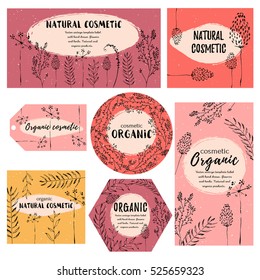 Vector vintage template label with hand-draw  flowers and herbs. Layout, mockup design for cosmetics shop,  beauty salon, natural and organic products. Organic, natural plants sketch background.