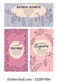 Vector vintage template label with hand-draw  flowers and herbs. Layout, mockup design for cosmetics shop,  beauty salon, natural and organic products. Organic, natural plants sketch background.