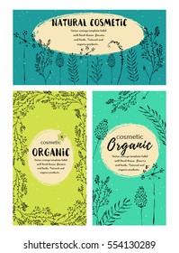 Vector vintage template label with hand-draw  flowers and herbs. Layout, mockup design for cosmetics shop,  beauty salon, natural and organic products. Organic, natural plants sketch background.