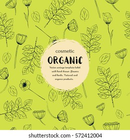 Vector vintage template label with hand-draw  flowers and herbs. Layout, mockup design for cosmetics shop, beauty salon, natural and organic products. Organic plants sketch background. 