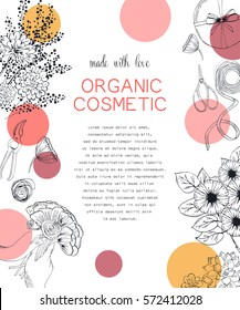 Vector vintage template label with hand-draw  flowers and herbs. Layout, mockup design for cosmetics shop, beauty salon, natural and organic products. Organic plants sketch background.