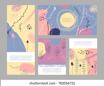 Vector vintage template label with hand-draw  flowers and herbs. Layout, mockup design for cosmetics shop,  beauty salon, natural and organic products. Organic, natural plants sketch background.