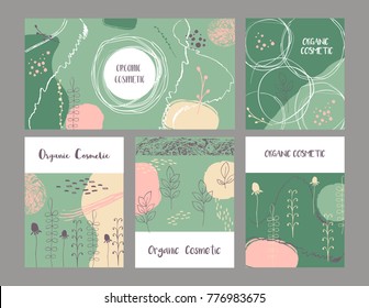 Vector vintage template label with hand-drawn  flowers and herbs. Layout, mockup design for cosmetics shop,  beauty salon, natural and organic products. Organic, natural plants sketch background.