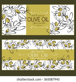 Vector vintage template label with olive branch. Organic plants sketch background. Vector illustration