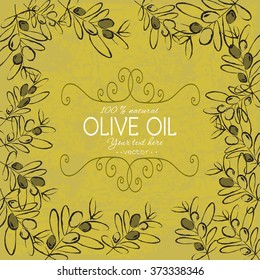 Vector vintage template label with olive branch. Organic plants sketch background. Vector illustration