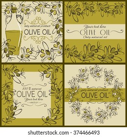 Vector vintage template label with olive branch. Organic plants sketch background. Vector illustration
