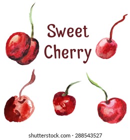 Vector vintage template with sweet cherry.  Abstract concept for food market, cafe. Watercolor background