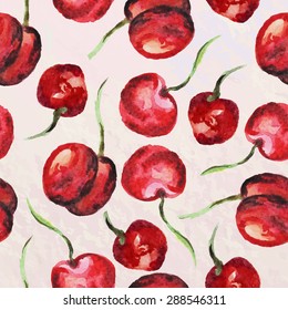 Vector vintage template with sweet cherry.  Abstract concept for food market, cafe. Watercolor background pattern