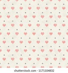 Vector vintage  textured polka dots hearts and dots seamless repeat pattern background. Perfect for wallpaper, stationery, fabric, scrap booking, occasions.