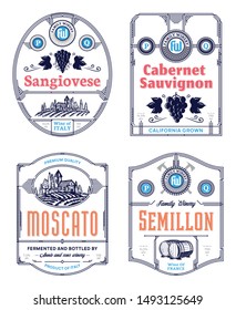 Vector vintage thin line style red and white wine labels and packaging design elements. Winemaking business branding and identity design elements
