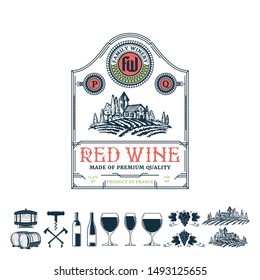 Vector vintage thin line style red wine label. Winemaking business branding and identity design elements.