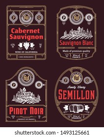 Vector vintage thin line style red and white wine labels and packaging design elements. Winemaking business branding and identity design elements