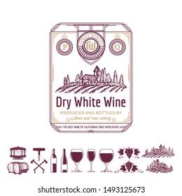 Vector vintage thin line style white wine label. Winemaking business branding and identity design elements.