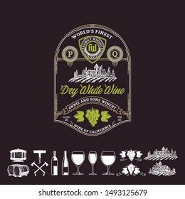 Vector vintage thin line style white wine label. Winemaking business branding and identity design elements.