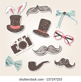 vector vintage things set-funny mustache,hats,bows,camera, heart sunglasses,pipe,background