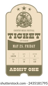 Vector vintage ticket template in golden color on a light background. For concerts, festivals, parties, movies and other retro events. For web and printing.