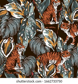 Vector vintage tiger seamless pattern and tropical leaves. Natural houselpant exotic floral texture. Animal floral print on black background.
