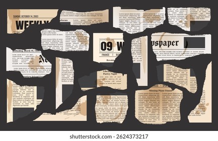 Vector vintage torn pieces of newspaper with coffee cup stains, spots and splashes isolated on transparent background. Trendy cut out paper pieces for collage design template.