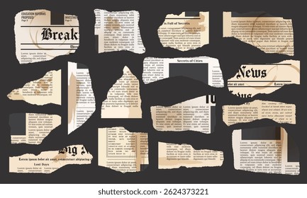 Vector vintage torn pieces of newspaper with coffee cup stains, spots and splashes isolated on transparent background. Trendy cut out paper pieces for collage design template.