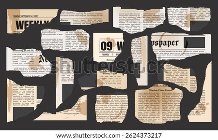 Vector vintage torn pieces of newspaper with coffee cup stains, spots and splashes isolated on transparent background. Trendy cut out paper pieces for collage design template.