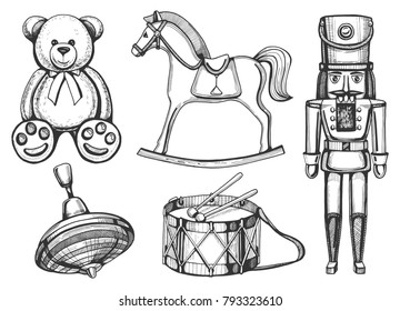 Vector vintage toys set: bear, rocking horse, nutcracker, drum, yule. Vintage hand drawn style.