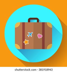 Vector vintage Travel Suitcase icon with long shadow. Flat design style.