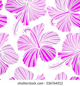 Vector vintage tropical hibiscus flowers. Pattern on a white background in magenta, pink and neutral colors.