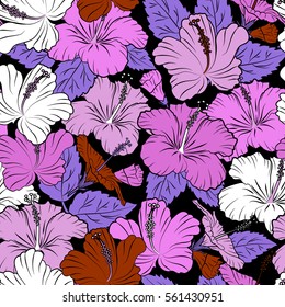 Vector vintage tropical hibiscus flowers. Pattern on a black background in violet, white and pink colors.